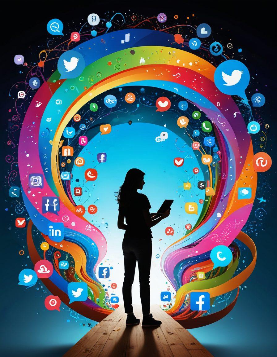 A creative representation of a person crafting their digital story, surrounded by vibrant illustrations of social media icons, text bubbles, and visual elements symbolizing various digital platforms, with a glowing pathway leading to a unique brand logo at the center. The atmosphere should feel inspiring and dynamic, showcasing the journey of building a brand through digital storytelling. super-realistic. vibrant colors. 3D.