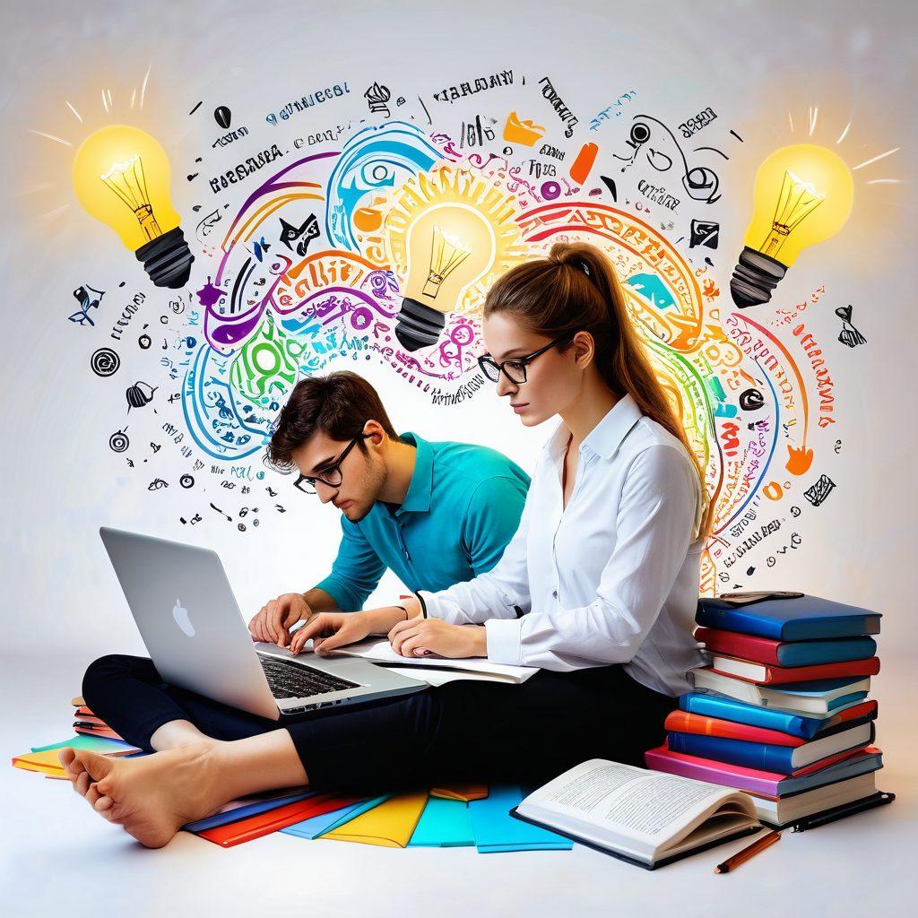 A person passionately writing on a laptop surrounded by colorful digital storytelling elements like books, pens, and a glowing light bulb symbolizing creativity. In the background, a whimsical blend of social media icons and flowing text creates an engaging digital atmosphere. Emphasize vibrant colors and a warm, inviting ambiance. super-realistic. vibrant colors. white background.