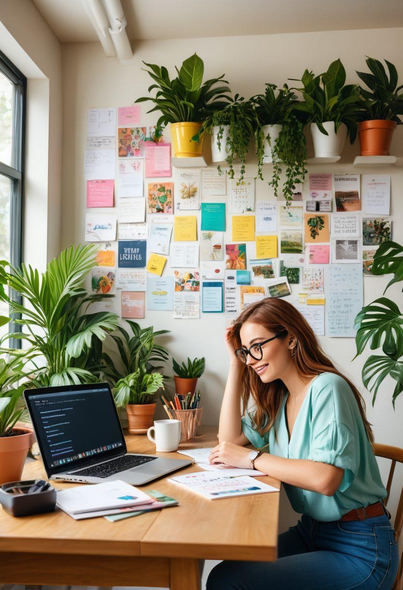 A creative workspace filled with colorful stationery, open laptops, and notes scattered around. In the background, an inspirational wall filled with quotes about blogging and creativity. A person brainstorming ideas with a coffee cup in hand, surrounded by vibrant plants to symbolize growth. Bright and inviting atmosphere with rays of sunlight streaming in. super-realistic. vibrant colors. fresh design.